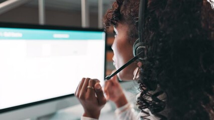 Business woman, consultant and call center with headphones on computer screen for customer service at office. Female person or agent talking or consulting with mic for online advice, help or support