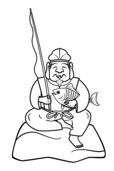 Ebisu Japanese god of lucky in Japanese seven gods with smiling fisherman symbol sitting on the rock with fishing rod and holding big fish drawing in black and white vector
