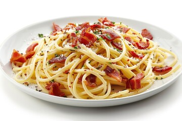 A plate of spaghetti with crispy bacon and melted parmesan cheese, great for food photography or as an image for recipe websites