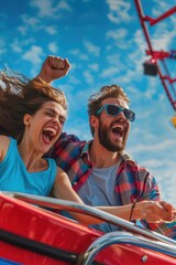 Obraz premium A couple enjoying a thrilling ride on a roller coaster