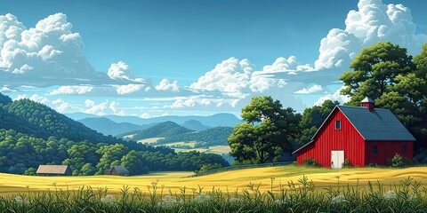 a rural landscape background of rolling hills and mountains a field a farm and trees dominate the scene
