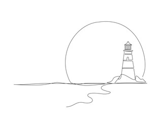 Continuous one line drawing of lighthouse tower with sunset. Simple illustration of castle hill tower, sea scape line art vector illustration