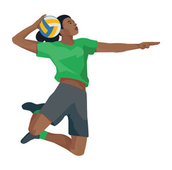 Fototapeta premium Girl figure of a high-jumping dark-skinned women's volleyball player in profile in a green T-shirt who aims and throws the ball forward