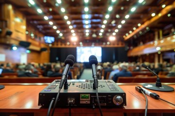 Interpreting Booth Setup with Microphones in Conference Hall Background