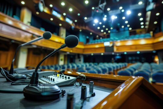 Interpreting Booth in Conference Hall with Microphones and Audio Board
