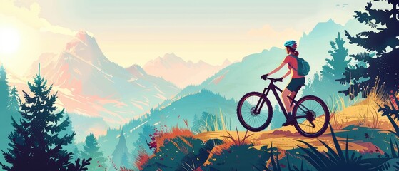 A woman mountain biking on a trail surrounded by lush greenery and pine trees, with a stunning view of mountain ranges in the background.