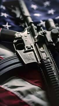 Pushing towards an assault rifle laying over an American flag. 4k video in smart phone 9:16 aspect ratio for 2nd amendment meme.