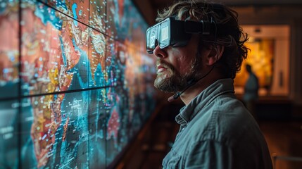 A man wearing VR glasses studies an interactive world map in a holographic geography class.