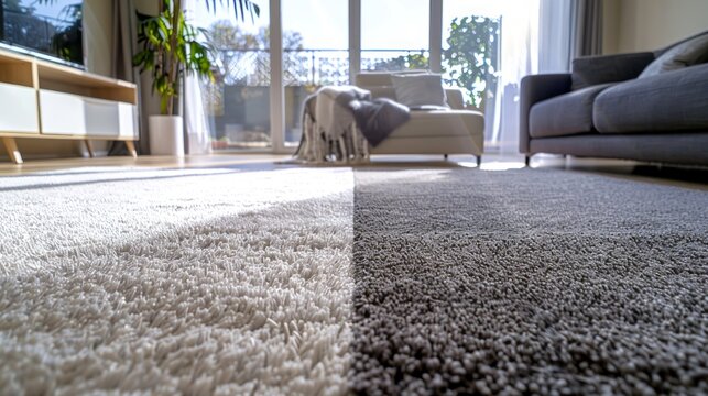 High-contrast view of a carpet in a modern living room, showing both its clean and dirty sides. Concepts of home cleanliness, interior design, before and after cleaning, and rug washing
