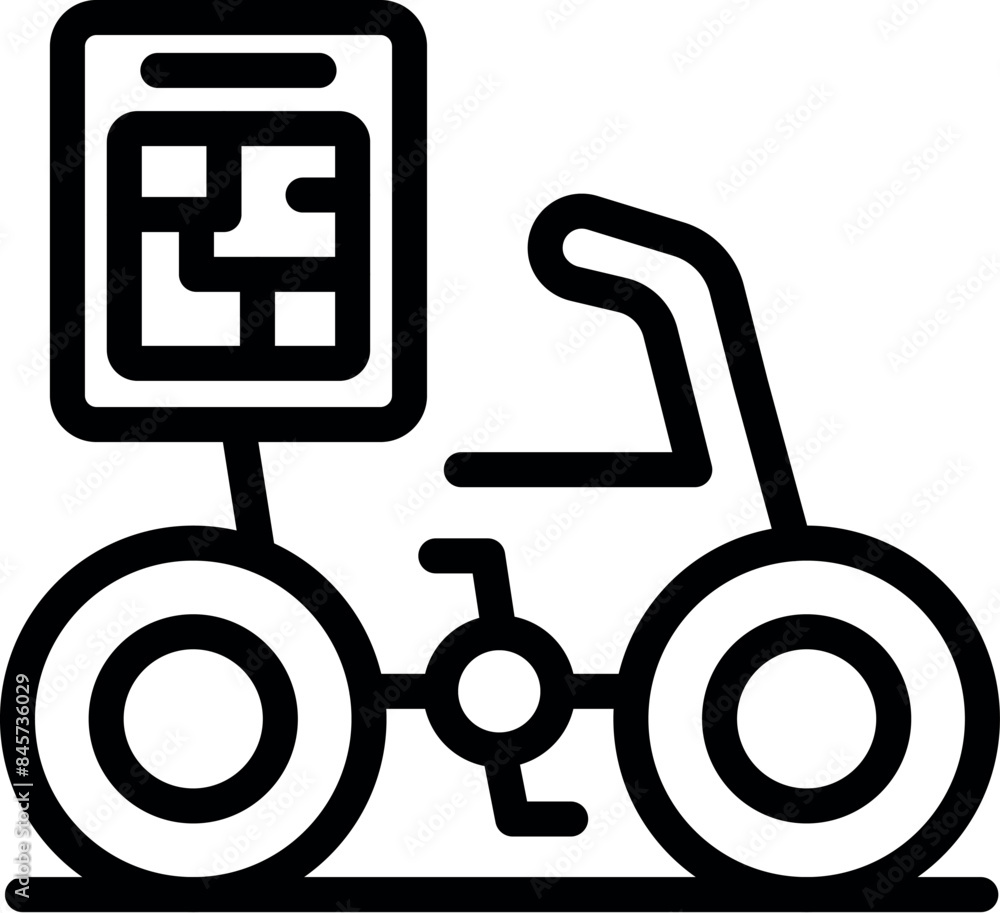 Poster line icon of a delivery bicycle transporting a map, symbolizing modern navigation in the delivery in