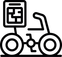 Line icon of a delivery bicycle transporting a map, symbolizing modern navigation in the delivery industry