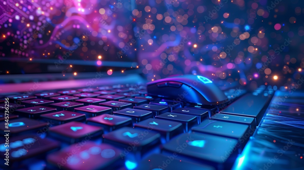 Aufkleber a computer mouse sitting on top of a keyboard with colorful lights, ai