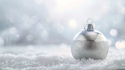 Glass Christmas ornament resting on snow during sunset. Concept of winter holiday, festive decoration, seasonal celebration. Copy space