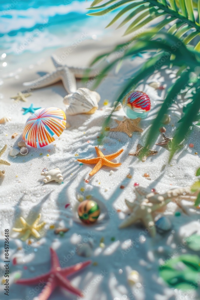 Poster a beautiful beach scene featuring shells and starfishes on the sand, perfect for use in travel or na