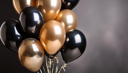 Black and golden balloons shimmering against a stylishly dark gray backdrop 
