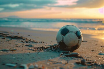 A soccer ball sits alone on the sandy beach as the sun sets in the sky