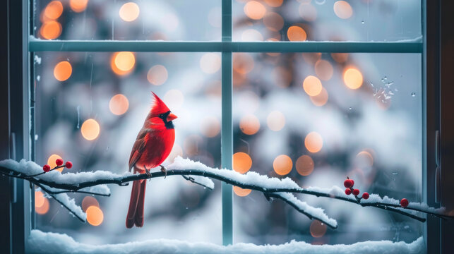 Red cardinal bird perched on snowy branch near window with holiday lights. Concept of winter scene, holiday season, Christmas, nature in winter
