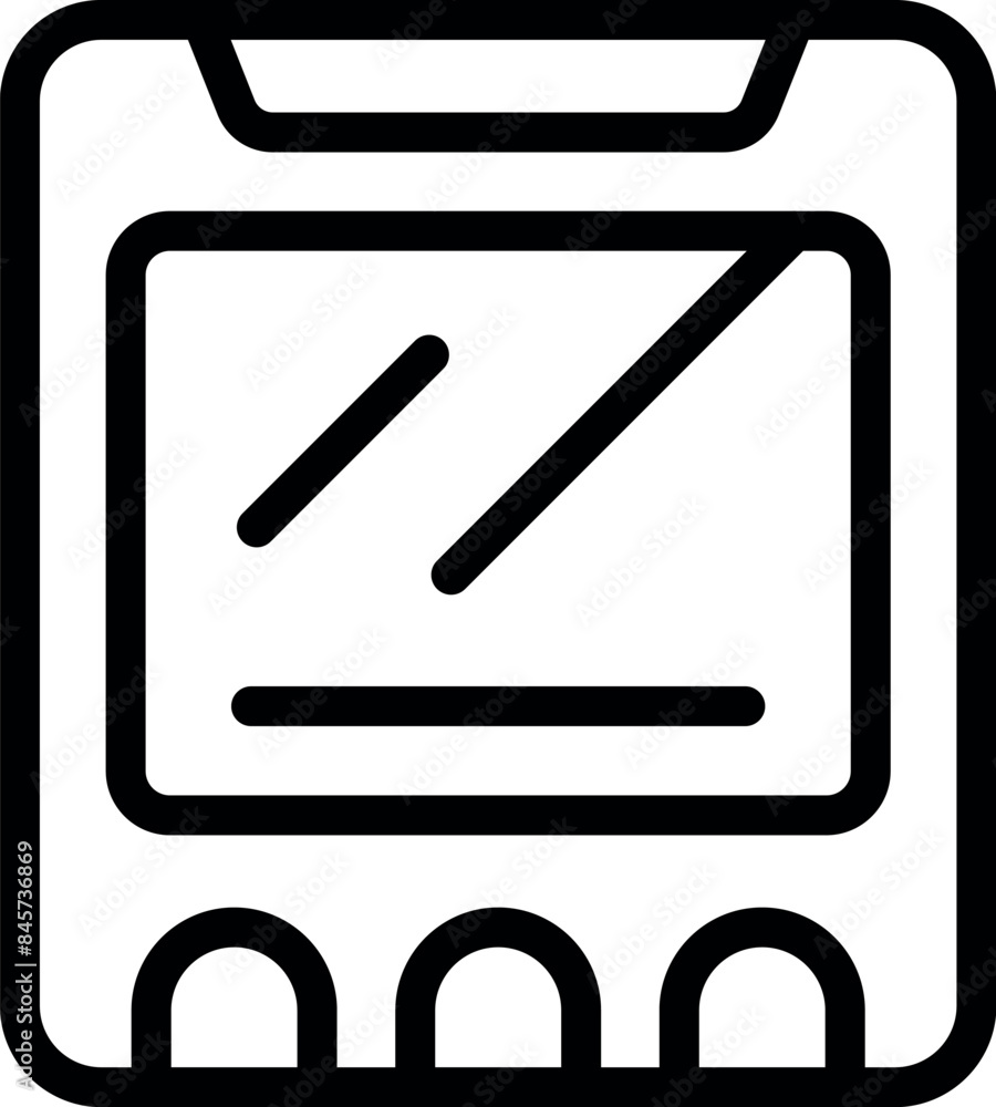 Poster simple black and white line icon representing a game cartridge being inserted into a console