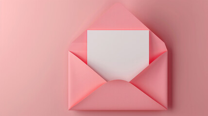 Open pink envelope with empty white sheet coming out on pink textured background. Top view. Pastel...