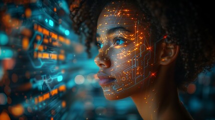 A young woman stares intently at a holographic teacher in a virtual classroom.