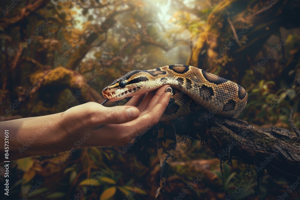 Poster a person is holding a snake on a tree branch
