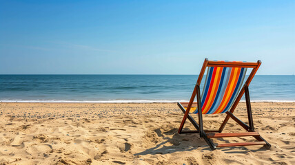 A cozy striped sun lounger by a crystal-clear swimming pool, palm trees in the background. Ai generated