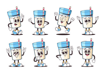 Funny And Adorable Cartoon Milk Glass Character, Dairy Product Animation In Different Expressive Poses, Vector Set