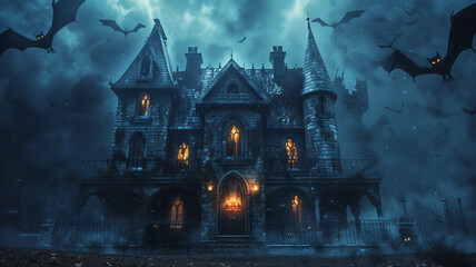 A haunted house with eerie lights shining through the windows and bats flying overhead. Ai generated