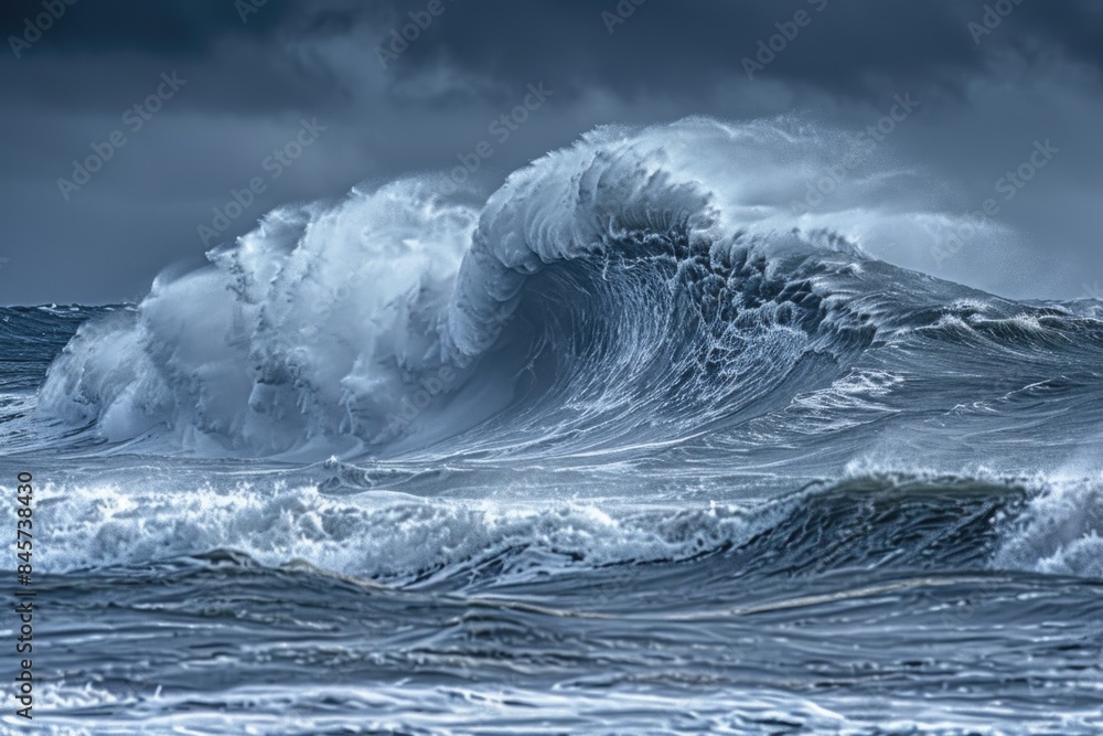 Poster a large wave in the ocean on a cloudy day with blue water and white foam