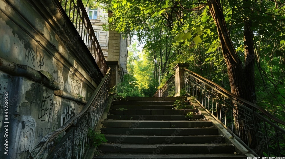 Poster a set of stairs leading up to a building