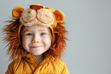 Fototapeta premium A young child wearing a lion-shaped hat and smiling