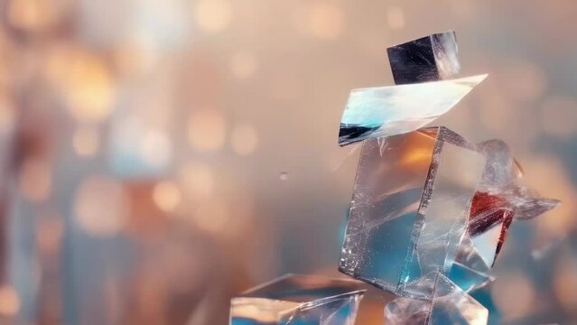 A detailed, close-up photo capturing shattered glass pieces reflecting light. The image features jagged edges and a blurred background, emphasizing the sharpness and fragility of the glass.