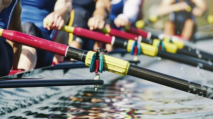 A group of rowers in uniform sitting in their boats, waiting to start a race or practice session