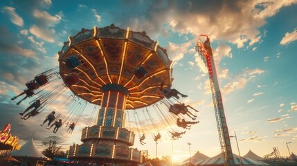 People enjoying a carnival ride during sunset