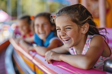 Group of young girls enjoying time on top of a carnival ride, good for use in event or celebration themed projects