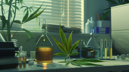 An image showcasing the scientific aspect of medical cannabis, with a glass bottle of oil positioned in a laboratory setting, measuring equipment and a hemp leaf accent. Ai generated