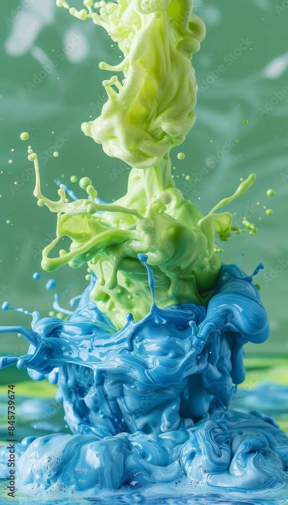 Poster vivid macro fusion of colorful liquids, intricate patterns, emphasizing light and color interplay