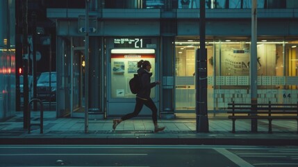 A woman with a backpack runs along a city street at night. The storefront windows of a building are visible behind her.