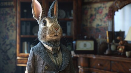 A plush toy rabbit dressed in formal attire