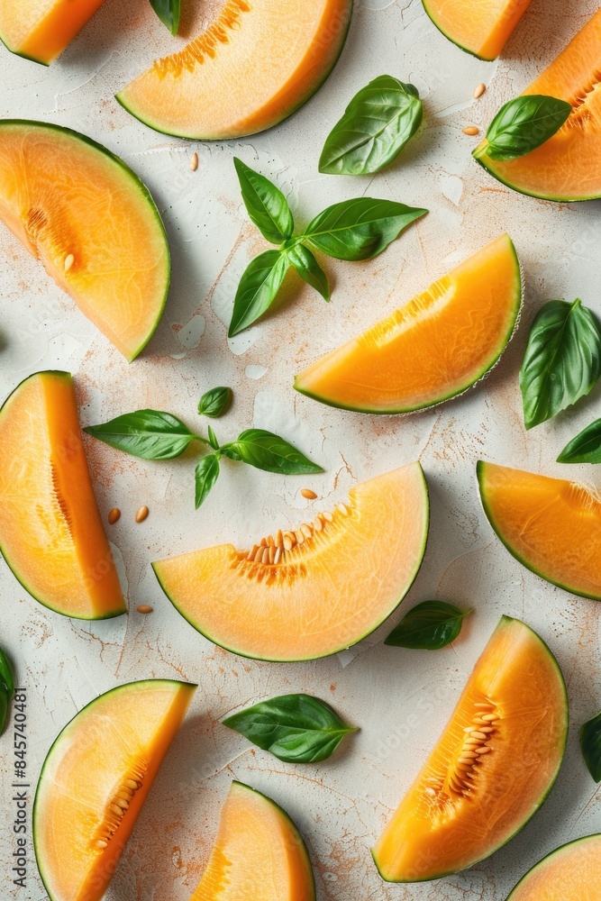 Poster a colorful still life featuring sliced melons and fresh basil leaves arranged on a table