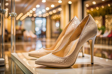 Beautiful wedding beige high heel shoes in a boutique on a glass table, blurred background....