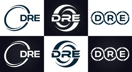 DRE logo. D R E design. White DRE letter. DRE, D R E letter logo design. D R E letter logo design in FIVE, FOUR, THREE, style. letter logo set in one artboard. D R E letter logo vector design.