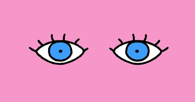 Blinking blue color cartoon eyes on pink background. Animated human face element seamless loop.