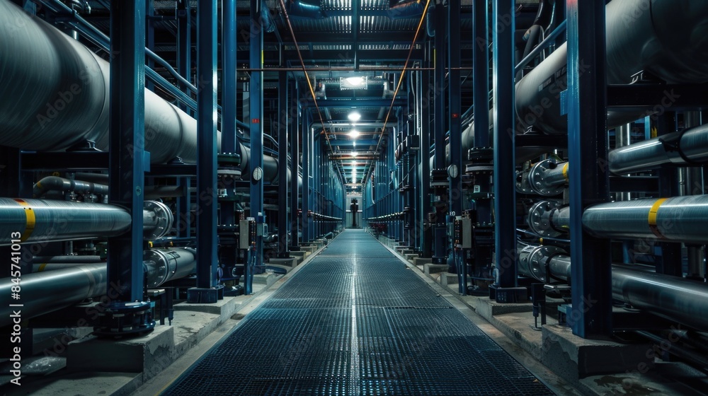Poster A large room filled with numerous metal pipes, suitable for use in industrial or technical contexts