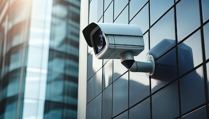 close-up of a security camera on the wall of a modern business bulding on the street, copy space