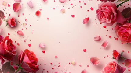 Valentine s Day background with a rose flower frame and pink confetti