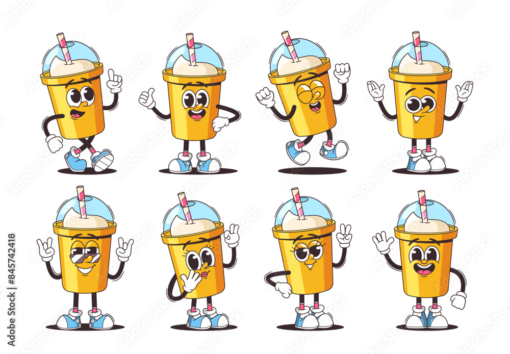 Poster animation vector set of colorful cartoon milkshake characters with different expressions, poses, emo