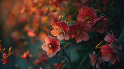 Blooms of red edged hellebore flourishing in the garden during the onset of spring