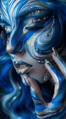 A woman with blue and white swirls painted on her face, gold accents, beautiful lips, long nails, jewelry, dark background, painted in the style of a hyper realistic artist 