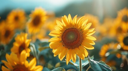 Obraz premium field with sunflowers, bright yellow, blue clear sky, real photo 